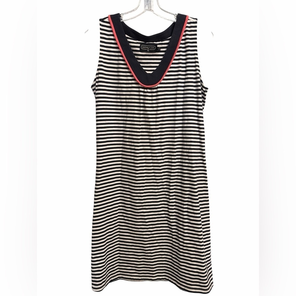 Duffield Lane Navy and White Striped Dress with Red Accents